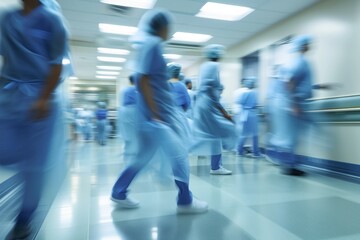 Dynamic Hospital Scene: Healthcare Professionals In Action, Donned In Blue Aprons