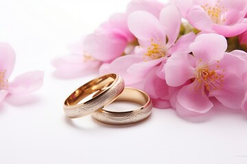 Weeding gold ring, pink flower background.