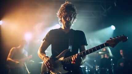 Obraz premium A_rock_band_is_performing_on_stage._Guitarist_bass_guitar ai generated 4k image