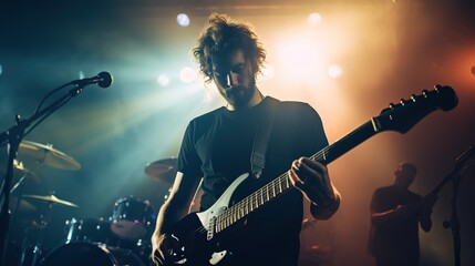Obraz premium A_rock_band_is_performing_on_stage._Guitarist_bass_guitar ai generated 4k image