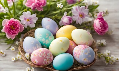 Obraz na płótnie Canvas Easter elegance: Still life with eggs and flowers