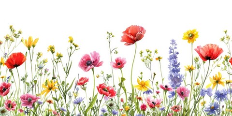 Colorful flowers arranged in a field, set against a white background. Ideal for use in spring-themed designs or floral presentations