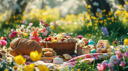 Easter delicacies set out on a picnic blanket for a family get-together.
