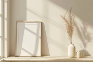 Simplicity Exemplified: Empty Picture Frame In A Beige Wall Mockup