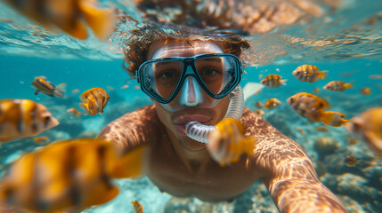 man snorkeling in crystal clear tropical sea - obrazy, fototapety, plakaty