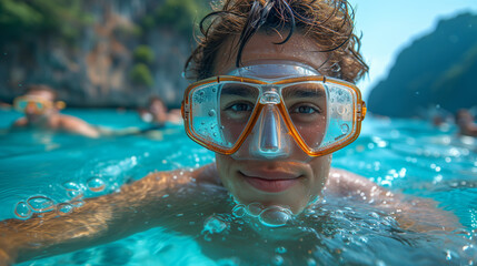Naklejka premium man snorkeling in crystal clear tropical sea