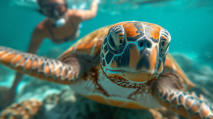 a woman snorkeling in the crystal clear tropical sea. a turtle in the foreground