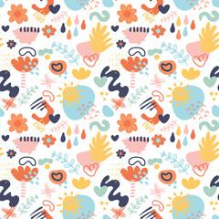Hand draw flat matisse inspired pattern. Abstract doodle shapes seamless pattern. Modern art, minimal abstract shapes and brushes pattern design