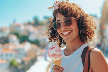 Fototapeta premium Smiling Tourist Indulges In Icy Treat While Adventuring Through Urban Landscape