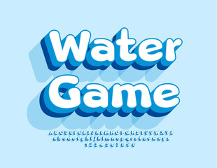 Vector playful emblem Water Game. 3D funny Font. Creative set of comic Alphabet Letters and Numbers.