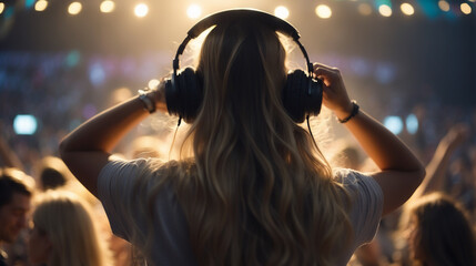 Modern caucasian blonde young woman dj in a music festival,day light
