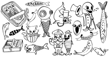 Set of sardines fish vintage hand drawn ink vector illustration. Canned food, Mermaid, captain  