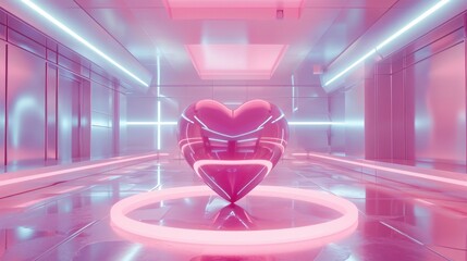 Generative AI, Futuristic room with pink heart in cyberpunk style illustration. Love, feelings, romantic St. Valentine's Day concept. 
