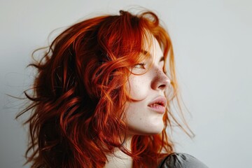 Fiery-Haired Woman Poses With Elegance On White Background