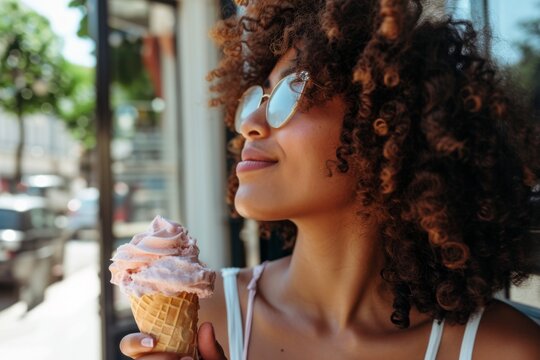 Woman With Curly Hair Enjoying Ice Cream Outdoors, Gazes Into Space