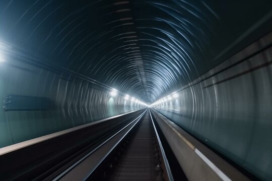 Train zooms inside tunnel, public transportation, motion backdrop. Generative AI