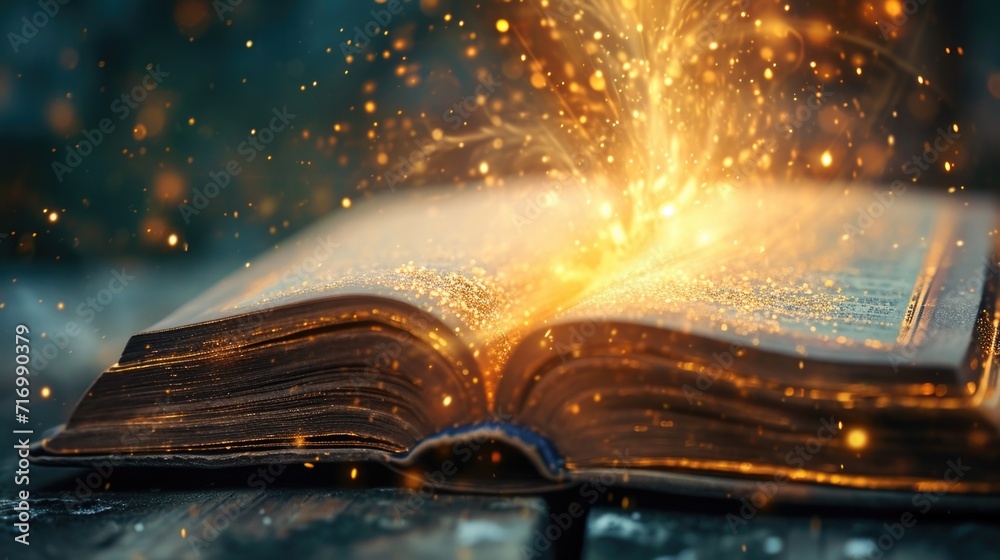 Poster An open book on a wooden table with sparkling lights emanating from its pages. This image can be used to represent imagination, inspiration, and creativity