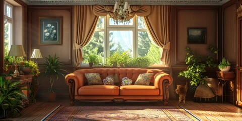 A cozy living room with a comfortable couch and an elegant chandelier. Perfect for home decor or interior design projects