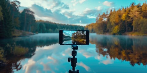 A cell phone sits on top of a tripod next to a serene lake. Perfect for capturing beautiful landscape photos. - obrazy, fototapety, plakaty