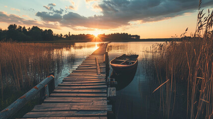 Naklejka premium Sunset background with wooden old boat and wooden pier in the lake view. peaceful sunset. fishery. sunset among the clouds. Heartwarming high quality photos. evening in lake.