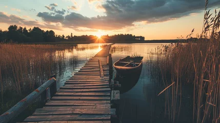 Fototapeten Sunset background with wooden old boat and wooden pier in the lake view. peaceful sunset. fishery. sunset among the clouds. Heartwarming high quality photos. evening in lake. © Hazal