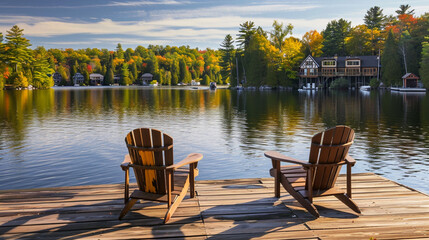 Fototapeta premium Background with lake, forest, mountain views with two wooden chairs on the pier and dock. Peaceful view against the beautiful blue sea, surrounded by green forests. high quality photos.house view.calm
