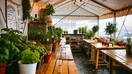 Green Urban Farming: Restaurant with Plant Decorations and Agricultural Elements in a City Setting