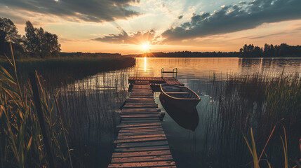 Sunset background with wooden old boat and wooden pier in the lake view. peaceful sunset. fishery. sunset among the clouds. Heartwarming high quality photos. evening in lake. - obrazy, fototapety, plakaty