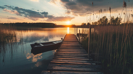Fototapeta premium Sunset background with wooden old boat and wooden pier in the lake view. peaceful sunset. fishery. sunset among the clouds. Heartwarming high quality photos. evening in lake.
