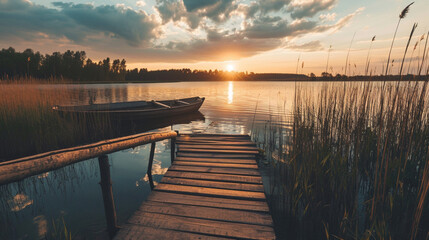 Sunset background with wooden old boat and wooden pier in the lake view. peaceful sunset. fishery. sunset among the clouds. Heartwarming high quality photos. evening in lake. - obrazy, fototapety, plakaty