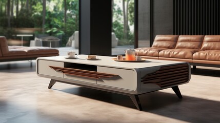 Tv cabinet coffee table combination sleek and minimalist UHD wallpaper - obrazy, fototapety, plakaty