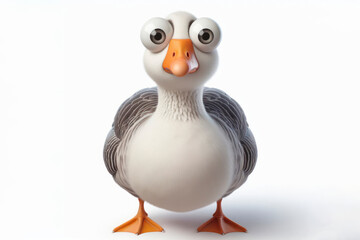 full body Funny Portrait of surprised goose with bulging big eyes on solid white background. ai generative