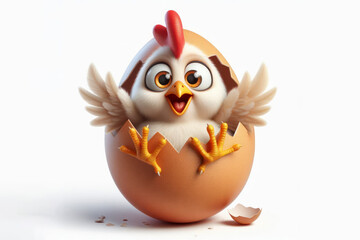 Funny Portrait of surprised chicken big egg with bulging big eyes on solid white background. ai generative