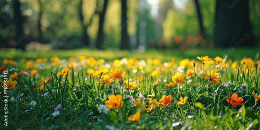 Poster A beautiful field filled with a vibrant mix of yellow and white flowers. Perfect for adding a touch of nature and color to any project