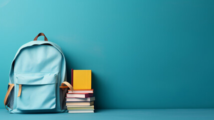 School backpack with books on blue background. Back to school concept.