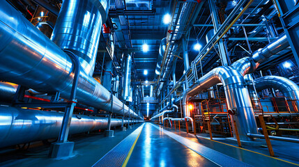 Industrial Steel Pipeline in a Factory: Engineering and Power Plant with Technology Elements - obrazy, fototapety, plakaty