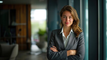 Professional businesswoman with arms crossed standing in a contemporary office space, exuding confidence and leadership..