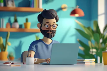 Foto op Canvas 3d illustration of A freelancer man works behind a laptop and home background. Home office workplace. © ImagineDesign