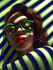 Portrait of a gorgeous female model on a green and black stripy background. The woman is wearing...