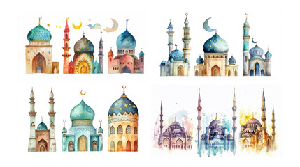 watercolor illustration with grungy texture, cute mosque, three set isolated on white background, idea for junk journal design. Generative Ai