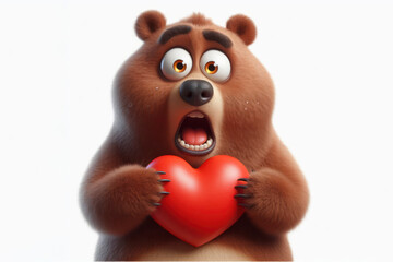 Naklejka premium Funny Portrait of surprised bear hold red heart with bulging big eyes on solid white background. ai generative