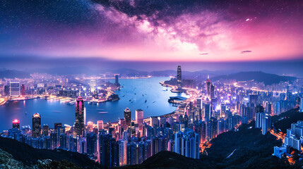 Hong Kong Skyline at Night: Illuminated Skyscrapers and Victoria Harbor in a Vibrant Cityscape
