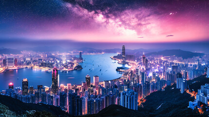 Obraz premium Hong Kong Skyline at Night: Illuminated Skyscrapers and Victoria Harbor in a Vibrant Cityscape