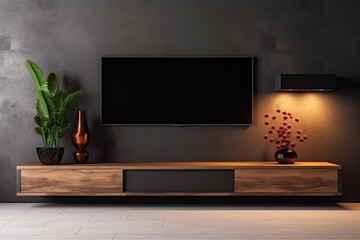 Cabinet TV in an empty interior room with a dark wall, adorned with wooden shelves, lamps, plants, and a wooden table, showcasing a refined design