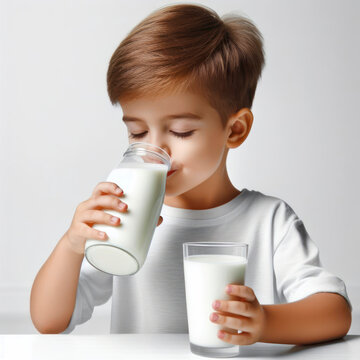 little boy drinking milk isolated on a white background. ai generative