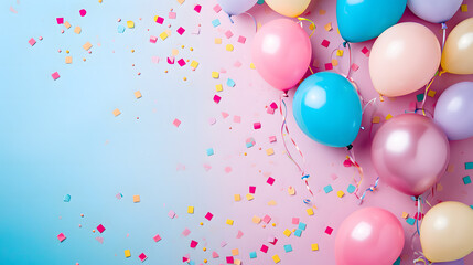 Colorful Balloons and Confetti on Blue and Pink Background