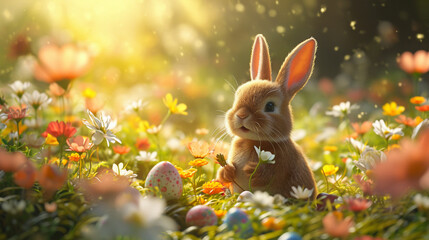 Design an eye-catching Easter poster with a realistic depiction of a sunlit garden adorned with blooming flowers, where a whimsical Easter bunny is hiding chocolate eggs.
