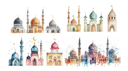 watercolor illustration with grungy texture, cute mosque, three set isolated on white background, idea for junk journal design. Generative Ai