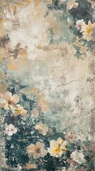 A painting of a bunch of flowers on a wall. Distressed cracked grunge green yellow floral background