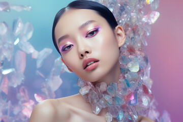 Portrait of a beautiful girl with iridescent glowing makeup. Fashion and beauty concept.